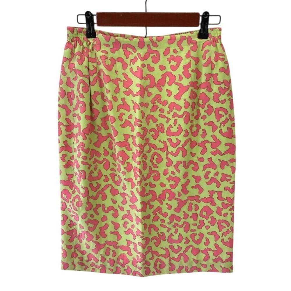 Anne Crimmins Umi Vintage Pencil Silk Skirt Womens 8 Green Pink Animal Print